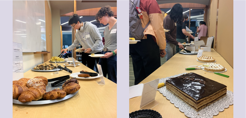 Two images on a light purple background. On the left, a platter of croissants in the foreground with a platter of chocolate rogalach and a platter of pumpkin sulki in the background. Two students serve themselves. On the right a table with students serving themselves. In the foreground, an opera cake with a shiny chocolate ganache. In the background, lemon meringue tarts and baram dduk.