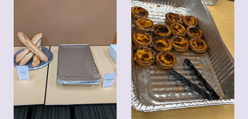 Two images on a light purple background. On the left, a closed aluminum container sits on a table next to a tray of baguettes. On the right, the aluminum container is now open, displaying a half full tray of pastéis de natas, a small, yellow, eggy tart with a perfectly caramelized top